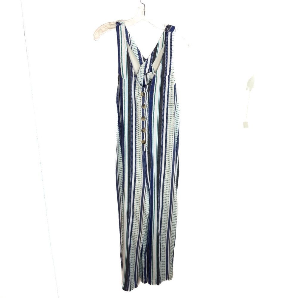 True Craft Boho Cotton Navy and White Striped Sleeveless V-Neck Jumpsuit - Picture 3 of 8